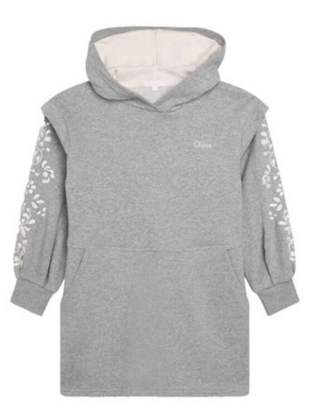 CHLOE Gray Hooded Sweatshirt Dress with Floral Sleeve Detail